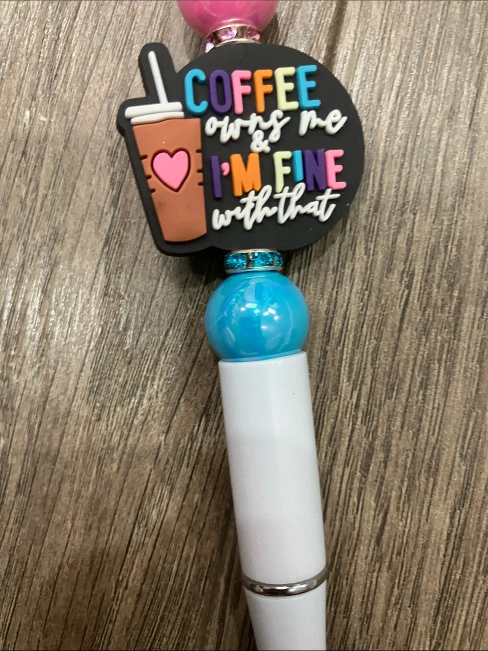 Hand beaded “coffee owns me” pen. Pink & blue beads. Create a pen bundle & save.